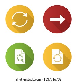 UI/UX flat design long shadow glyph icons set. Refresh arrow, next button, find in file, restore page. Vector silhouette illustration
