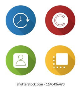 UI/UX flat design long shadow glyph icons set. Update, copyright, user account, flip to front button. Vector silhouette illustration
