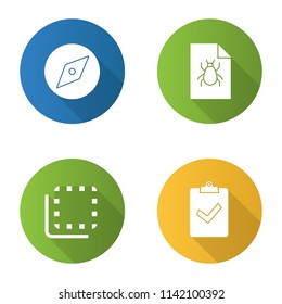 UI/UX flat design long shadow glyph icons set. Explore tool, bug report, flip to back button, assignment turned in. Vector silhouette illustration