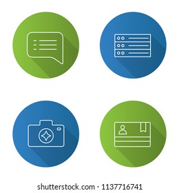 UI/UX flat linear long shadow icons set. Speech bubble, camera enhance, list, membership card. Vector outline illustration