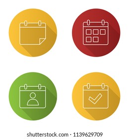 UI/UX flat linear long shadow icons set. Calendars. Appointment, complete day, today, date range. Vector outline illustration