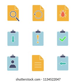 UI/UX glyph color icons set. Find in page, restore, bug report, assignment late and returned in, cv, description, clipboard. Silhouette symbols with no outline. Negative space. Vector illustrations