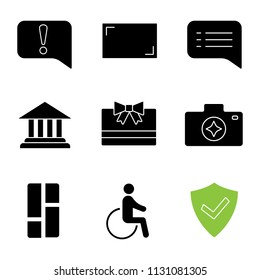 UI/UX glyph icons set. Announcement, aspect ratio, speech bubble, account balance, gift card, camera enhance, dashboard, accessible, secured. Silhouette symbols. Vector isolated illustration