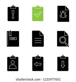UI/UX glyph icons set. Assignment late, turned in, bug report, notepad, file, find in page, clipboard with left and right arrows, cv. Silhouette symbols. Vector isolated illustration