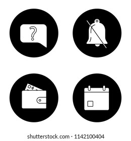 UI/UX glyph icons set. Live chat, notifications off, payment, calendar. Vector white silhouettes illustrations in black circles