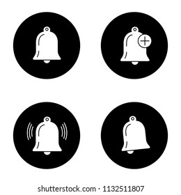 UI/UX glyph icons set. Modes of notifications. Reminder. Vector white silhouettes illustrations in black circles