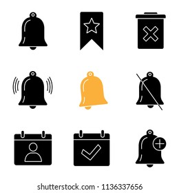 UI/UX glyph icons set. Notifications, bookmark, delete forever, bell, mute, contact calendar, complete day, alarm. Silhouette symbols. Vector isolated illustration