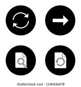 UI/UX glyph icons set. Refresh arrow, next button, find in file, restore page. Vector white silhouettes illustrations in black circles