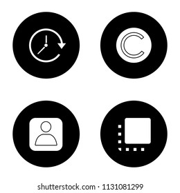 UI/UX glyph icons set. Update, copyright, user account, flip to front button. Vector white silhouettes illustrations in black circles