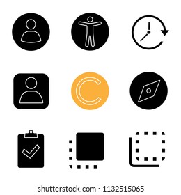 UI/UX glyph icons set. Userpic, accessibility, update, user account, copyright, explore tool, assignment turned in, flip to back and front. Silhouette symbols. Vector isolated illustration
