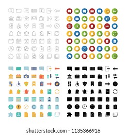 UI/UX icons set. System elements. Common actions symbols. Linear, flat design, color and glyph styles. isolated vector illustrations