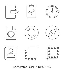 UI/UX linear icons set. Exit, assignment returned in, update, restore, copyright, explore tool, userpic, flip to front, flip to back. Thin line contour symbols. Isolated vector outline illustrations