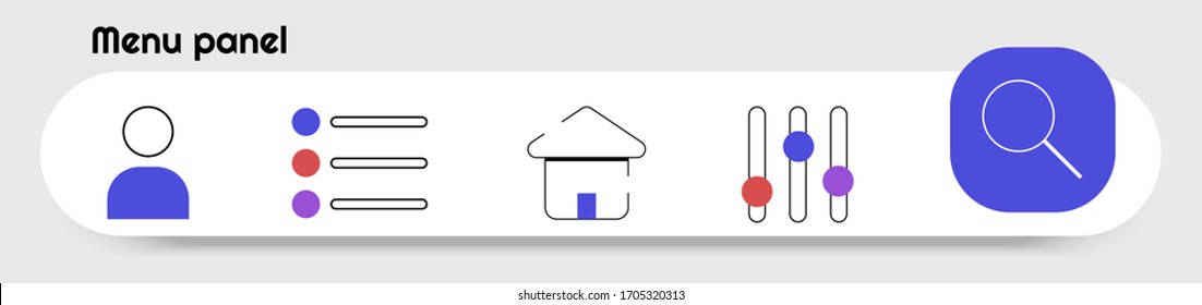 UI/UX menu panel design with buttons, shadow and 3d effect. Designed in minimalistic style with nice colors, can be used for apps, websites, phone screens etc. Signs and symbols on the bar. EPS 10  