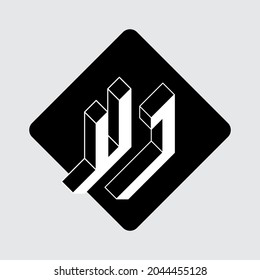 UJ - 2-letter code. U and J - Monogram or logotype. Isometric 3d font for design. Three-dimension letters on a rectangular substrate with rounded corners.