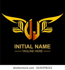 UJ Golden Wing Emblem Logo with elegant gold wings, sleek and modern design. Ideal for branding, creative projects, luxury businesses, or artistic ventures.