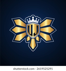 UJ initial letters monogram logo for gaming with shield and eagle wing