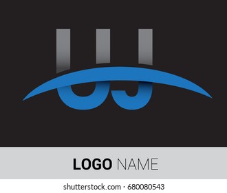 UJ initial logo company name colored grey and blue swoosh design.