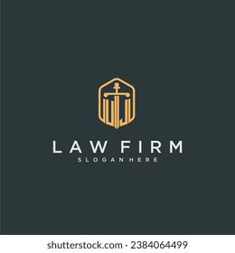 UJ initial logo monogram with shield and sword style design for law firm