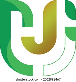 Logo de letras UJ con diseño de ilustración vectorial único y atractivo en colores verde, dorado y blanco
