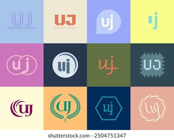 UJ logo company template. Letter u and j logotype. Set different classic serif lettering and modern bold text with design elements. Initial font typography. Collection trendy business identity.