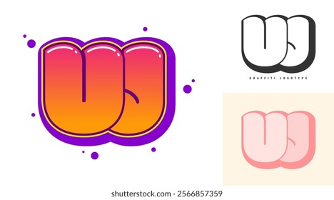 UJ logo design for festival or party. Initial letter u and j in graffiti style. Creative modern lettering company name of font typography. Kids trendy logotype or identity. Vector illustration.