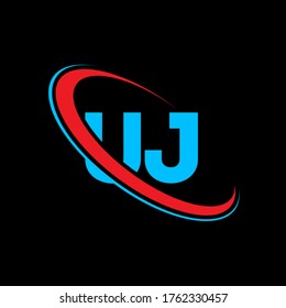 UJ U J letter logo design. Initial letter UJ linked circle uppercase monogram logo red and blue. UJ logo, U J design. uj, u j