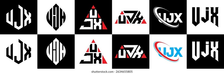 UJX letter logo design in six style. UJX polygon, circle, triangle, hexagon, flat and simple style with black and white color variation letter logo set in one artboard. UJX minimalist and classic logo