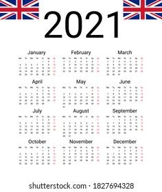 UK 2021 Calendar. English Vector Design Template Start From Monday. Full Months For Wall Calendar