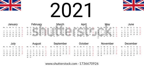 21年の英国のカレンダー 英語のベクター画像デザインテンプレートは 月曜日から開始します 壁カレンダーの月数 のベクター画像素材 ロイヤリティフリー