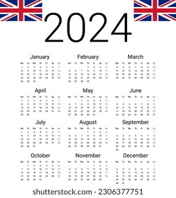 Calendario UK 2024. Plantilla de diseño de vectores ingleses a partir del lunes. Meses completos para calendario de pared