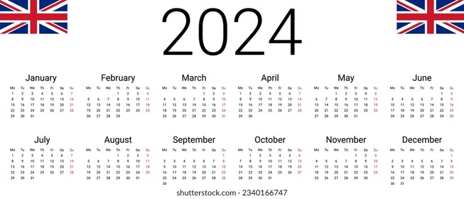 UK 2024 calendar. English Vector design template start from monday. Full months for wall calendar