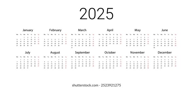 UK 2025 calendar. English Vector design template start from monday. Full months for wall calendar