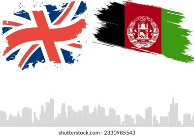 Vektor-Flagge des Vereinigten Königreichs und Afghanistans mit Hintergrund von Gebäuden. Vektorgrafik