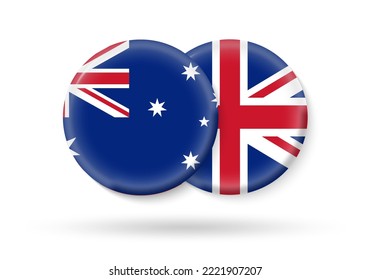 UK and Australia circle flags. 3d icon. Round British and Australian national symbols. Vector illustration.