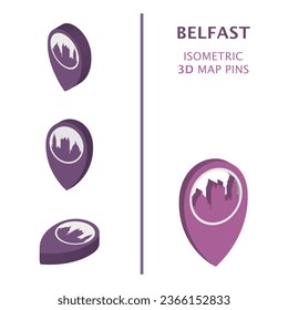UK Belfast 3D vector logo set. Northern Ireland, United Kingdom isometric map pin, geolocation pointer, modern skyline icon, concept, isolated graphic