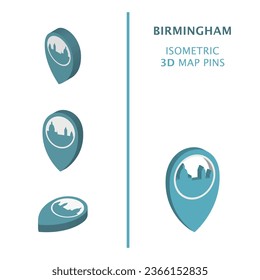 UK Birmingham 3D vector logo set. West Midlands, England, United Kingdom isometric map pin, geolocation pointer, modern skyline icon, concept, isolated graphic