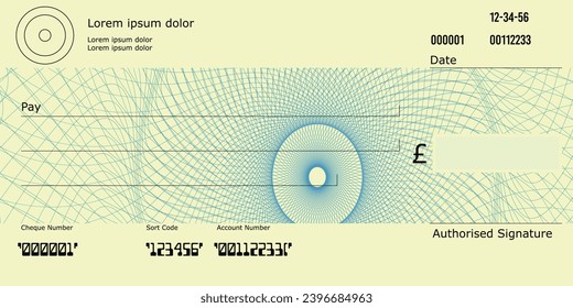 UK Blank Cheque with Pound sign and UK Spelling, Cheque template with Guilloche pattern, Bank Cheque