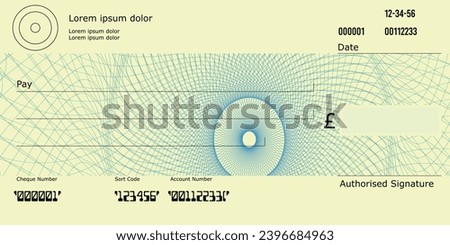 UK Blank Cheque with Pound sign and UK Spelling, Cheque template with Guilloche pattern, Bank Cheque