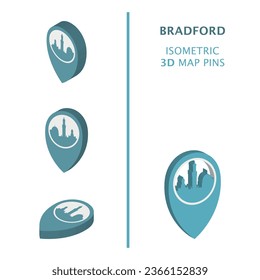 UK Bradford 3D vector logo set. West Yorkshire, England, United Kingdom isometric map pin, geolocation pointer, modern skyline icon, concept, isolated graphic