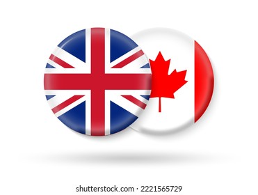 UK and Canada circle flags. 3d icon. Round British and Canadian national symbols. Vector illustration.