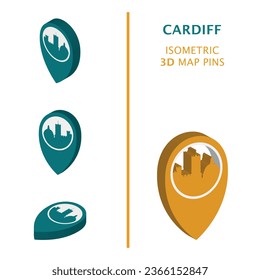 UK Cardiff 3D vector logo set. Wales, United Kingdom isometric map pin, geolocation pointer, modern skyline icon, concept, isolated graphic