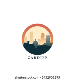 UK Cardiff cityscape, gradient vector badge, flat skyline logo, icon. Wales, United Kingdom city round emblem idea with landmarks and building silhouettes. Isolated graphic