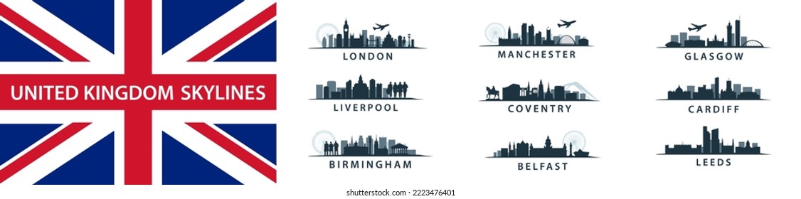 UK Cities Collection, skylines set in vector sihouettes, english destinations like London, Leeds, Coventry, Birmingham, Liverpool, , Belfast, Cardiff, Glasgow