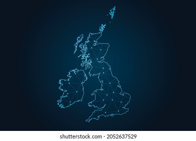 Uk Counties Map , Abstract Mash Line And Point Scales On Dark Background For Your Web Site Design Map Logo, App, Ui,Travel. Vector Illustration Eps 10.