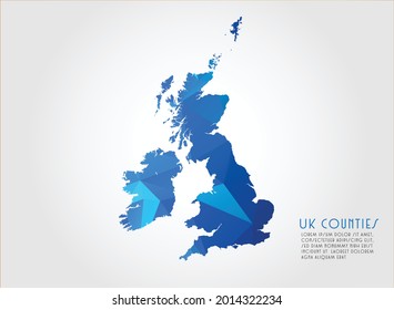 Uk Counties map blue Color on white background polygonal