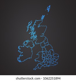 UK Counties map: blue glitter outline with sparkling stars on dark background, map-UK Counties.