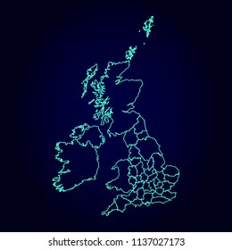 UK Counties Map: Blue Glitter Outline With Sparkling Stars On Dark Background. Detailed Map Of UK Counties. Vector Illustration.