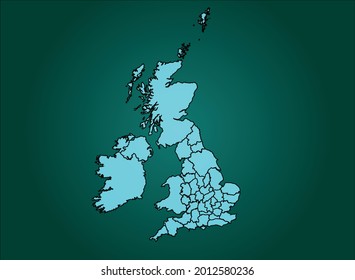 Uk Counties map cyan Color on Green Backgound