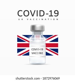 UK COVID-19 Vaccination. First Covid-19 Vaccination Campaign in the World - in the United Kingdom. Vial with COVID-19 Vaccine in front of the UK Flag. Concept of Combating Coronavirus Pandemic. Vector