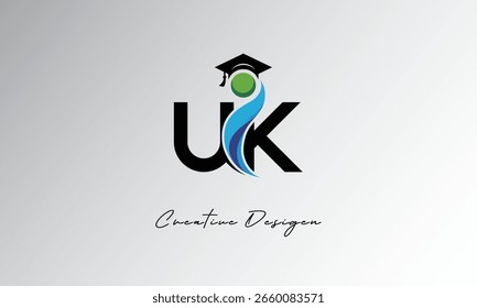 UK Creative Letter Logo with Graduation Cap and Abstract Human – Modern Education and Learning Symbol Design